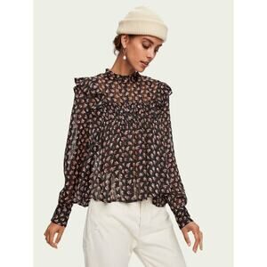 SCOTCH & SODA Floaty Ruffled Black Long Sleeve Floral Top Sz S
